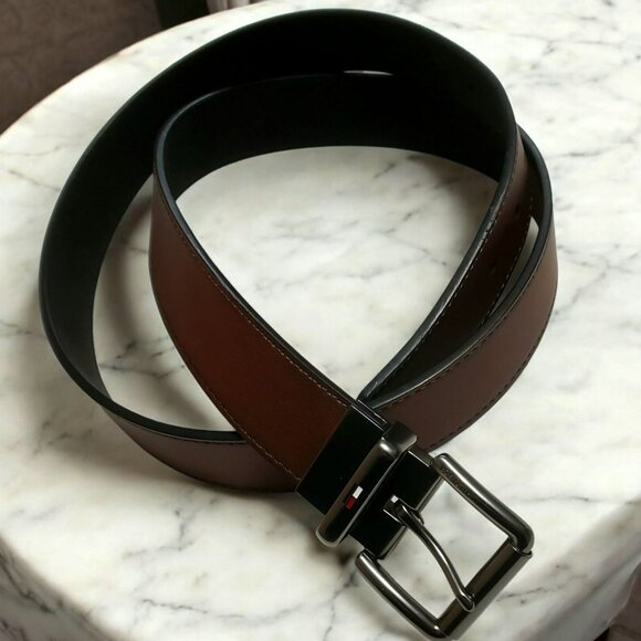 New Tommy Hilfiger Belt Brown Mens XL Gunmetal Buckle Synthetic Leather 1.5" W - Picture 1 of 11